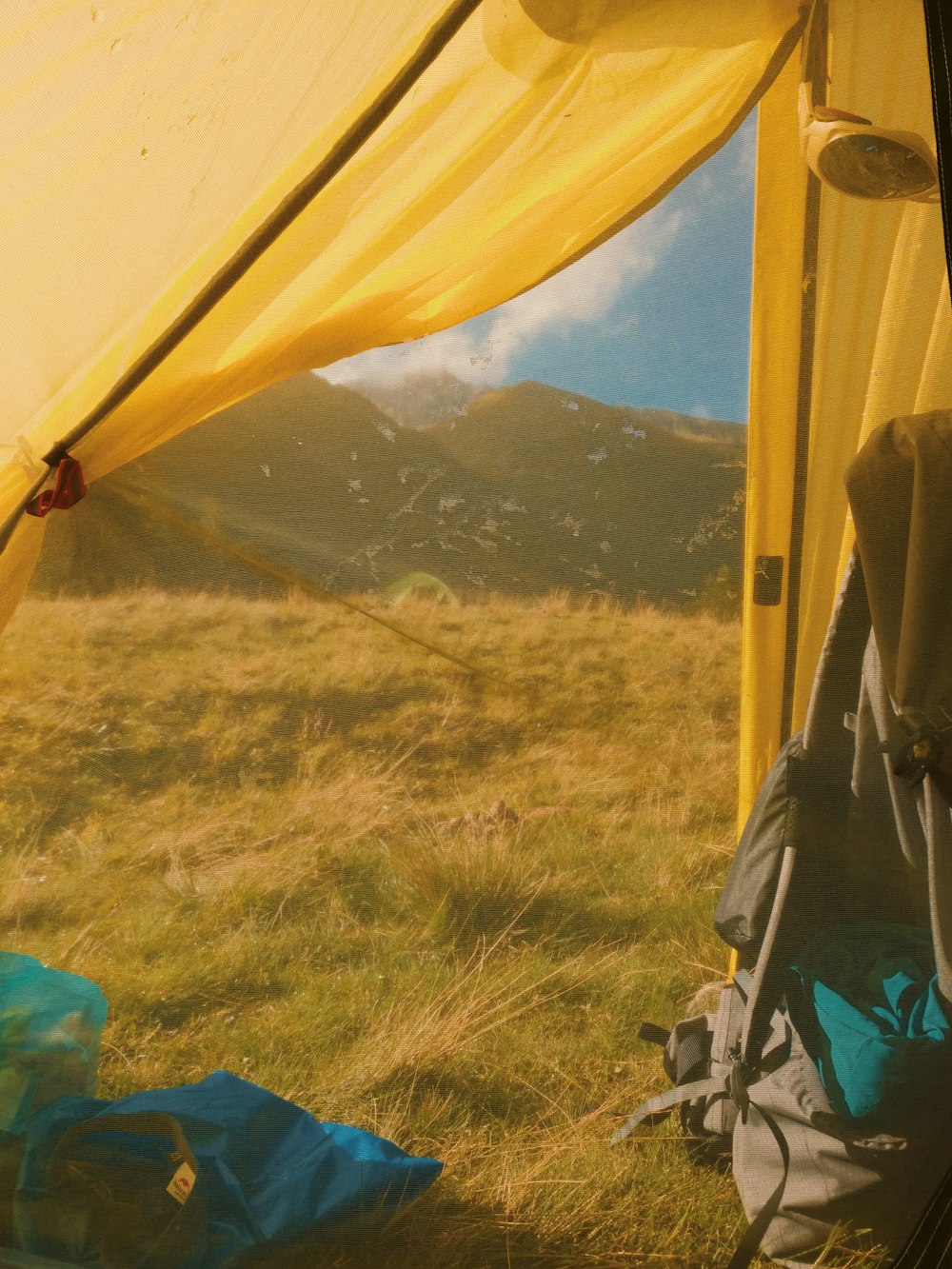 Camping tent set up in a beautiful mountain meadow